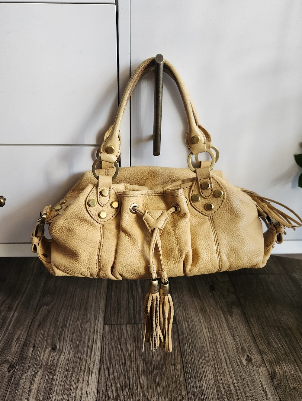 Rafe New York Y2K Boho Tan Yellow Leather Handbag Tassel Fringe Brass Hardware